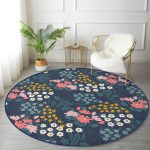 - RealHomes Dijital Baskılı Kaymaz Tabanlı Comfort Yuvarlak Halı - Realhomes  Renkli Zeminde Onedraw Çizimli Çiçek Desenli Dijital Baskılı Modern Lacivert Salon ve Oturma Odası Kaymaz Tabanlı Yuvarlak Halı Realhomes