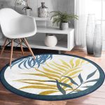 - RealHomes Dijital Baskılı Kaymaz Tabanlı Comfort Yuvarlak Halı - Realhomes  Beyaz Zeminde Renkli Yaprak Desenli Dijital Baskılı Modern Lacivert Balkon Yıkanabilir Kaymaz Tabanlı Yuvarlak Halı Realhomes