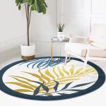 - RealHomes Dijital Baskılı Kaymaz Tabanlı Comfort Yuvarlak Halı - Realhomes  Beyaz Zeminde Renkli Yaprak Desenli Dijital Baskılı Modern Lacivert Balkon Yıkanabilir Kaymaz Tabanlı Yuvarlak Halı Realhomes