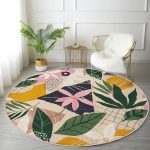 - RealHomes Dijital Baskılı Kaymaz Tabanlı Comfort Yuvarlak Halı - Realhomes Renkli Zeminli Yaprak Desenli Onedraw Çizim Dijital Baskılı Modern Outdoor Yıkanabilir Kaymaz Tabanlı Yuvarlak Halı Realhomes