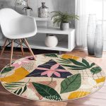 - RealHomes Dijital Baskılı Kaymaz Tabanlı Comfort Yuvarlak Halı - Realhomes Renkli Zeminli Yaprak Desenli Onedraw Çizim Dijital Baskılı Modern Outdoor Yıkanabilir Kaymaz Tabanlı Yuvarlak Halı Realhomes