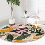 - RealHomes Dijital Baskılı Kaymaz Tabanlı Comfort Yuvarlak Halı - Realhomes Renkli Zeminli Yaprak Desenli Onedraw Çizim Dijital Baskılı Modern Outdoor Yıkanabilir Kaymaz Tabanlı Yuvarlak Halı Realhomes