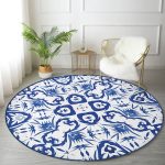 - RealHomes Dijital Baskılı Kaymaz Tabanlı Comfort Yuvarlak Halı - Realhomes  Beyaz Zeminli Çini Desenli Dijital Baskılı Modern Lacivert Mutfak Yıkanabilir Kaymaz Tabanlı Yuvarlak Halı Realhomes