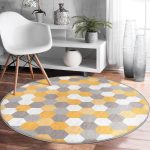 - RealHomes Dijital Baskılı Kaymaz Tabanlı Comfort Yuvarlak Halı - Realhomes  Renkli Zeminde Geometrik Çizim Dijital Baskılı Modern Gold Salon ve Oturma Odası Yıkanabilir Kaymaz Tabanlı Yuvarlak Halı Realhomes