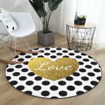 - RealHomes Dijital Baskılı Kaymaz Tabanlı Comfort Yuvarlak Halı - Realhomes Beyaz Zeminde Puantiyeli Gold Detaylı Love Yazılı Dijital Baskılı Modern Salon ve Oturma Odası Kaymaz Tabanlı Yuvarlak Halı Realhomes