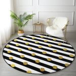 - RealHomes Dijital Baskılı Kaymaz Tabanlı Comfort Yuvarlak Halı - Realhomes  Beyaz Zeminde Gold Detaylı Puantiye Dijital Baskılı Modern Salon ve Oturma Odası Yıkanabilir Kaymaz Tabanlı Yuvarlak Halı Realhomes