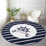 - RealHomes Dijital Baskılı Kaymaz Tabanlı Comfort Yuvarlak Halı - Realhomes  Beyaz Zeminde Modern Dümen Desenli Dijital Baskılı Lacivert Outdoor Yıkanabilir Kaymaz Tabanlı Yuvarlak Halı Realhomes