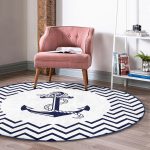 - RealHomes Dijital Baskılı Kaymaz Tabanlı Comfort Yuvarlak Halı - Realhomes  Beyaz Zeminde Geometrik Çizimli Çapa Desenli Dijital Baskılı Modern Lacivert Outdoor Yıkanabilir Kaymaz Tabanlı Yuvarlak Halı Realhomes