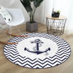 - RealHomes Dijital Baskılı Kaymaz Tabanlı Comfort Yuvarlak Halı - Realhomes  Beyaz Zeminde Geometrik Çizimli Çapa Desenli Dijital Baskılı Modern Lacivert Outdoor Yıkanabilir Kaymaz Tabanlı Yuvarlak Halı Realhomes