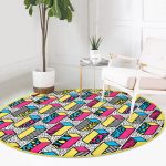 - RealHomes Dijital Baskılı Kaymaz Tabanlı Comfort Yuvarlak Halı - Realhomes  Beyaz Zeminde Renkli Geometrik Desenli Dijital Baskılı Modern Banyo Yıkanabilir Kaymaz Tabanlı Yuvarlak Halı Realhomes