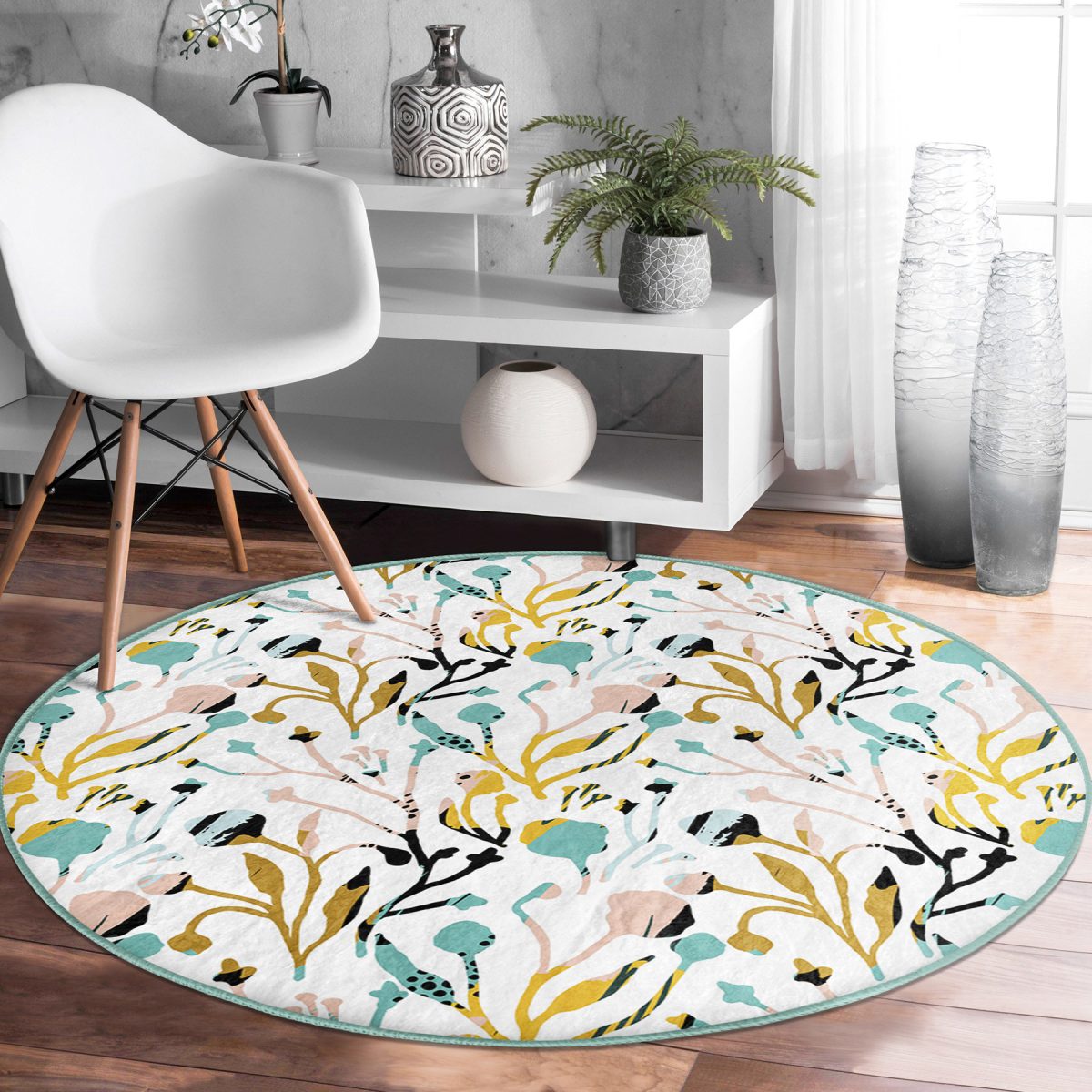 Beyaz Zeminde Pastel Renkli Çiçek Desenli Dijital Baskılı Modern Koridor ve Antre Yıkanabilir Kaymaz Tabanlı Yuvarlak Halı Realhomes