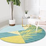 - RealHomes Dijital Baskılı Kaymaz Tabanlı Comfort Yuvarlak Halı - Realhomes Renkli Zeminde Geometrik Desenli Yaprak Motifli Dijital Baskılı Modern Turkuaz Mutfak Yıkanabilir Kaymaz Tabanlı Yuvarlak Halı Realhomes