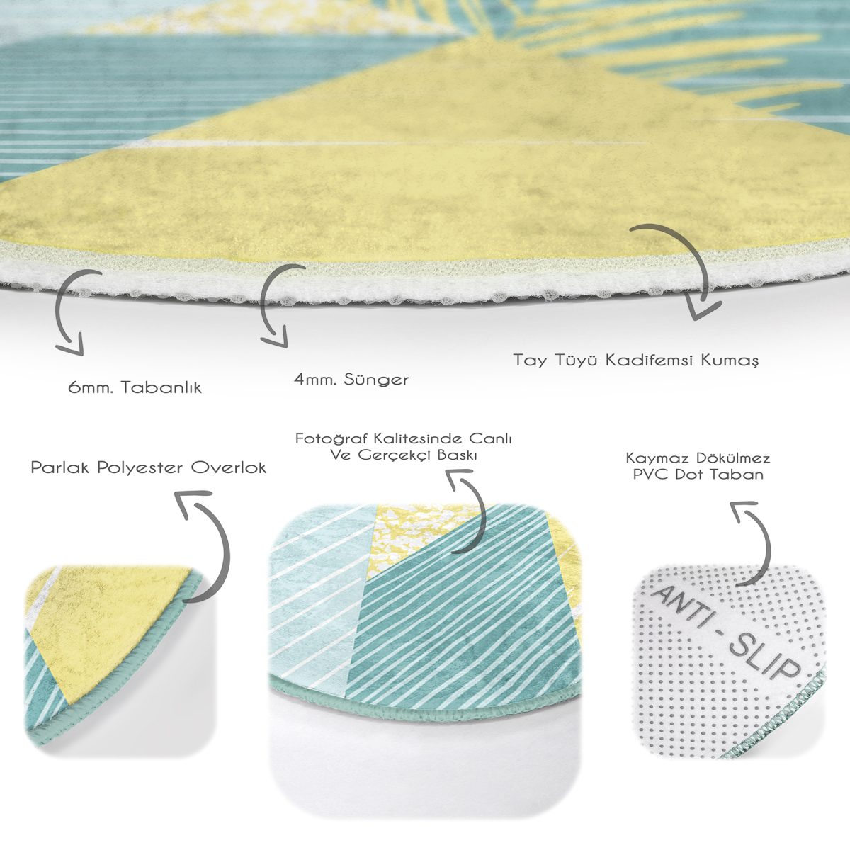 Renkli Zeminde Geometrik Desenli Yaprak Motifli Dijital Baskılı Modern Turkuaz Mutfak Yıkanabilir Kaymaz Tabanlı Yuvarlak Halı Realhomes