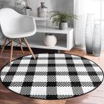 - RealHomes Dijital Baskılı Kaymaz Tabanlı Comfort Yuvarlak Halı - Realhomes Beyaz Zeminde Siyah Ekose Desenli Dijital Baskılı Modern Ofis Yıkanabilir Kaymaz Tabanlı Yuvarlak Halı Realhomes