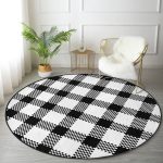 - RealHomes Dijital Baskılı Kaymaz Tabanlı Comfort Yuvarlak Halı - Realhomes Beyaz Zeminde Siyah Ekose Desenli Dijital Baskılı Modern Ofis Yıkanabilir Kaymaz Tabanlı Yuvarlak Halı Realhomes