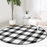 - RealHomes Dijital Baskılı Kaymaz Tabanlı Comfort Yuvarlak Halı - Realhomes Beyaz Zeminde Siyah Ekose Desenli Dijital Baskılı Modern Ofis Yıkanabilir Kaymaz Tabanlı Yuvarlak Halı Realhomes