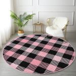 - RealHomes Dijital Baskılı Kaymaz Tabanlı Comfort Yuvarlak Halı - Realhomes  Renkli Pastel Zeminde Siyah Ekose Desenli Dijital Baskılı Modern Pembe Yatak Odası Yıkanabilir Kaymaz Tabanlı Yuvarlak Halı Realhomes