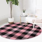 - RealHomes Dijital Baskılı Kaymaz Tabanlı Comfort Yuvarlak Halı - Realhomes  Renkli Pastel Zeminde Siyah Ekose Desenli Dijital Baskılı Modern Pembe Yatak Odası Yıkanabilir Kaymaz Tabanlı Yuvarlak Halı Realhomes