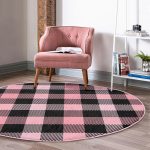 - RealHomes Dijital Baskılı Kaymaz Tabanlı Comfort Yuvarlak Halı - Realhomes  Renkli Pastel Zeminde Siyah Ekose Desenli Dijital Baskılı Modern Pembe Yatak Odası Yıkanabilir Kaymaz Tabanlı Yuvarlak Halı Realhomes