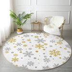 - RealHomes Dijital Baskılı Kaymaz Tabanlı Comfort Yuvarlak Halı - Realhomes  Beyaz Zeminde Gold Detaylı Kar tanesi Desenli Dijital Baskılı Modern Salon ve Oturma Odası Kaymaz Tabanlı Yuvarlak Halı Realhomes