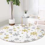 - RealHomes Dijital Baskılı Kaymaz Tabanlı Comfort Yuvarlak Halı - Realhomes  Beyaz Zeminde Gold Detaylı Kar tanesi Desenli Dijital Baskılı Modern Salon ve Oturma Odası Kaymaz Tabanlı Yuvarlak Halı Realhomes