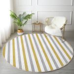 - RealHomes Dijital Baskılı Kaymaz Tabanlı Comfort Yuvarlak Halı - Realhomes  Beyaz Zeminde Gold Detaylı Yatay Çizgili Dijital Baskılı Modern Salon ve Oturma Odası Yıkanabilir Kaymaz Tabanlı Yuvarlak Halı Realhomes