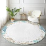 - RealHomes Dijital Baskılı Kaymaz Tabanlı Comfort Yuvarlak Halı - Realhomes Beyaz Zeminde Deniz Kabuğu Desenli Dijital Baskılı Modern Turkuaz Mutfak Yıkanabilir Kaymaz Tabanlı Yuvarlak Halı Realhomes