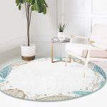 - RealHomes Dijital Baskılı Kaymaz Tabanlı Comfort Yuvarlak Halı - Realhomes Beyaz Zeminde Deniz Kabuğu Desenli Dijital Baskılı Modern Turkuaz Mutfak Yıkanabilir Kaymaz Tabanlı Yuvarlak Halı Realhomes