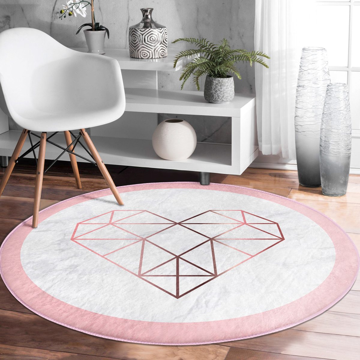 Beyaz Zeminde Geometrik Desenli Kalp Motifli Dijital Baskılı Modern Pembe Mutfak Yıkanabilir Kaymaz Tabanlı Yuvarlak Halı Realhomes