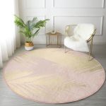 - RealHomes Dijital Baskılı Kaymaz Tabanlı Comfort Yuvarlak Halı - Realhomes  Pastel Zeminde Gold Detaylı Yaprak Desenli Dijital Baskılı Modern Pembe Yatak Odası Yıkanabilir Kaymaz Tabanlı Yuvarlak Halı Realhomes