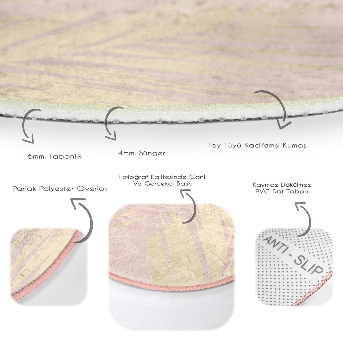 Pastel Zeminde Gold Detaylı Yaprak Desenli Dijital Baskılı Modern Pembe Yatak Odası Yıkanabilir Kaymaz Tabanlı Yuvarlak Halı Realhomes