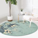 - RealHomes Dijital Baskılı Kaymaz Tabanlı Comfort Yuvarlak Halı - Realhomes  Pastel Zeminde Gold Detaylı Yaprak Desenli Dijital Baskılı Modern Yeşil Salon ve Oturma Odası Kaymaz Tabanlı Yuvarlak Halı Realhomes