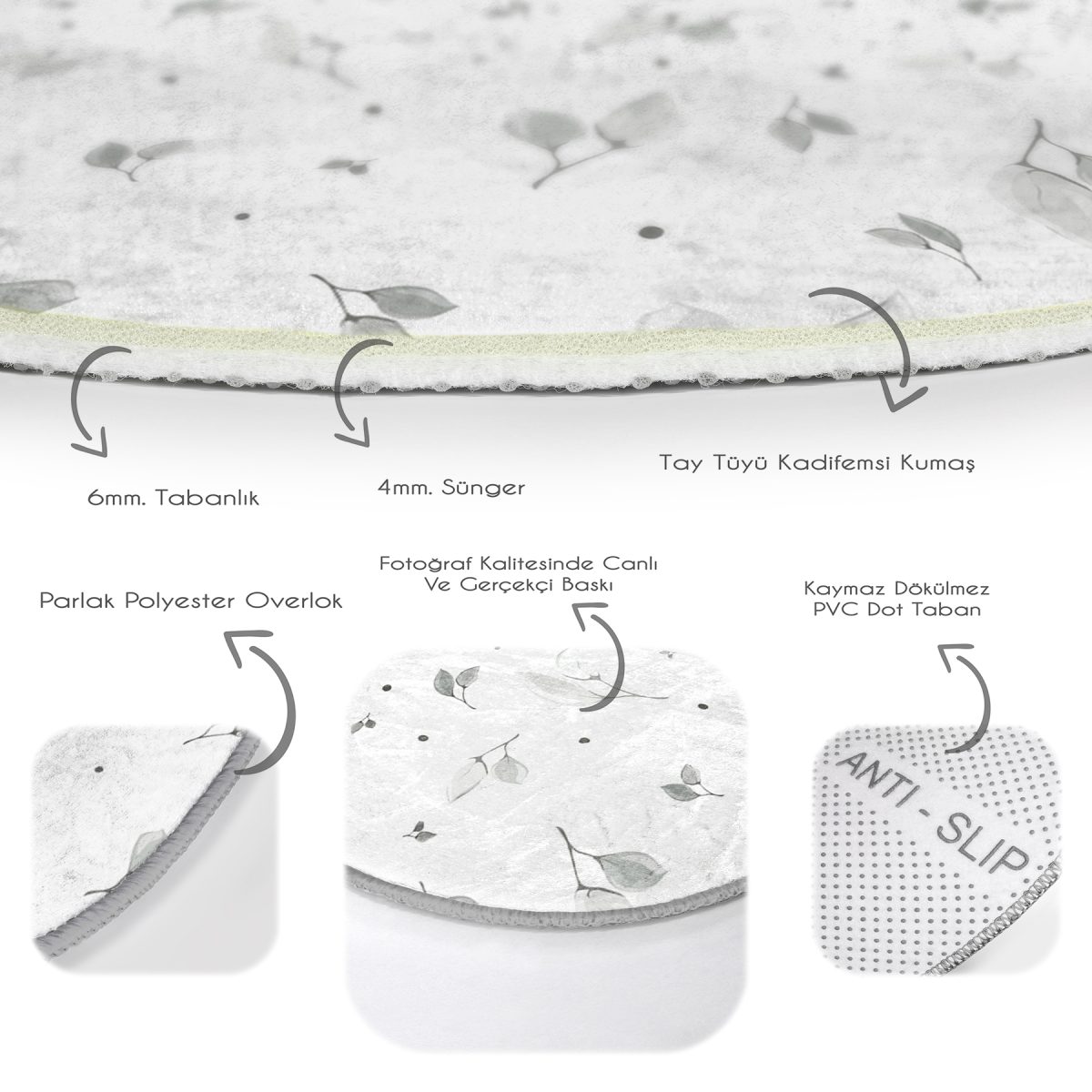 Pastel Zeminde Beyaz Yaprak Desenli Dijital Baskılı Modern Krem Yatak Odası Yıkanabilir Kaymaz Tabanlı Yuvarlak Halı Realhomes