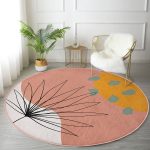 Pastel Zeminde Yaprak Desenli Dijital Baskılı Modern Kahverengi Salon ve Oturma Odası Yıkanabilir Kaymaz Tabanlı Yuvarlak Halı Realhomes