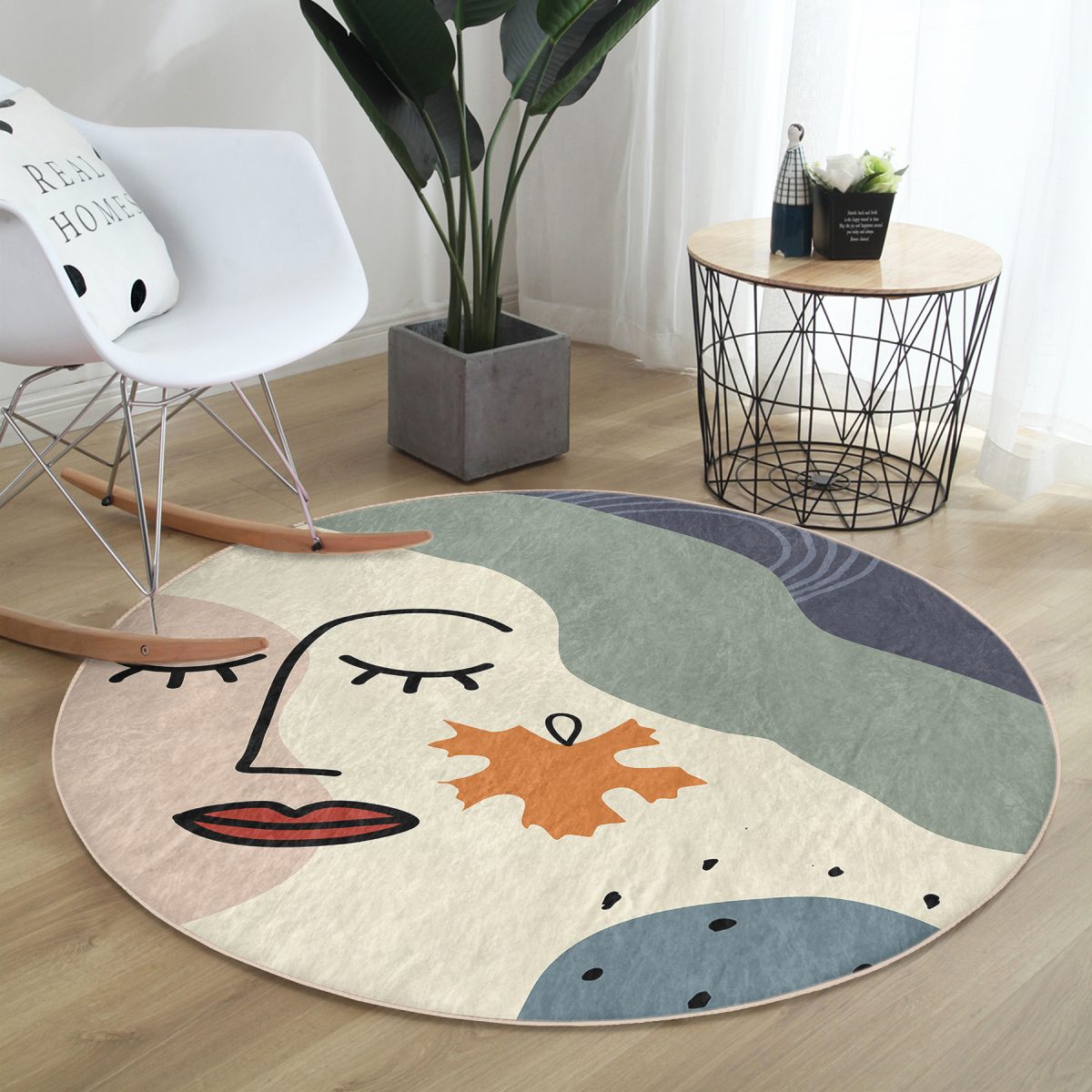Pastel Zeminde Onedraw Çizimli Bayan Silüeti Dijital Baskılı Modern Renkli Salon ve Oturma Odası Kaymaz Tabanlı Yuvarlak Halı Realhomes