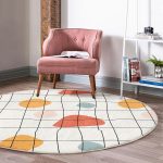 - RealHomes Dijital Baskılı Kaymaz Tabanlı Comfort Yuvarlak Halı - Realhomes  Beyaz Zeminde Geometrik Desenli Dijital Baskılı Modern Turuncu Salon ve Oturma Odası Yıkanabilir Kaymaz Tabanlı Yuvarlak Halı Realhomes