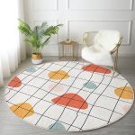 - RealHomes Dijital Baskılı Kaymaz Tabanlı Comfort Yuvarlak Halı - Realhomes  Beyaz Zeminde Geometrik Desenli Dijital Baskılı Modern Turuncu Salon ve Oturma Odası Yıkanabilir Kaymaz Tabanlı Yuvarlak Halı Realhomes