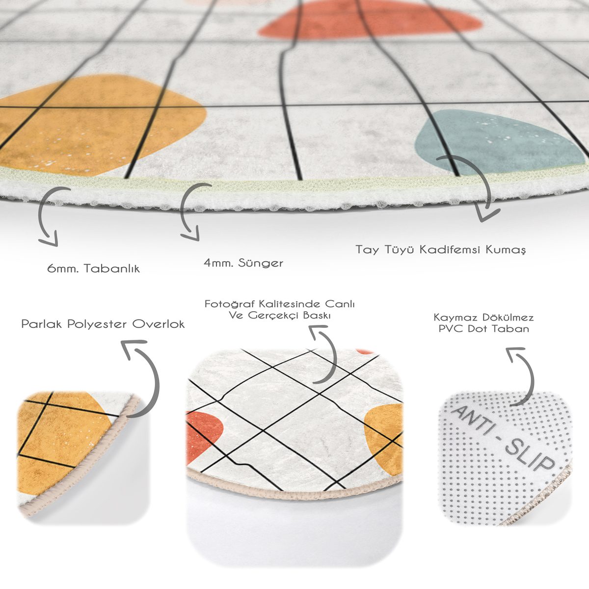 Beyaz Zeminde Geometrik Desenli Dijital Baskılı Modern Turuncu Salon ve Oturma Odası Yıkanabilir Kaymaz Tabanlı Yuvarlak Halı Realhomes