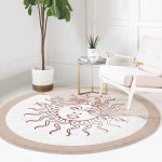 Pastel Zeminde Güneş Desenli Dijital Baskılı Modern Kahverengi Salon ve Oturma Odası Yıkanabilir Kaymaz Tabanlı Yuvarlak Halı Realhomes