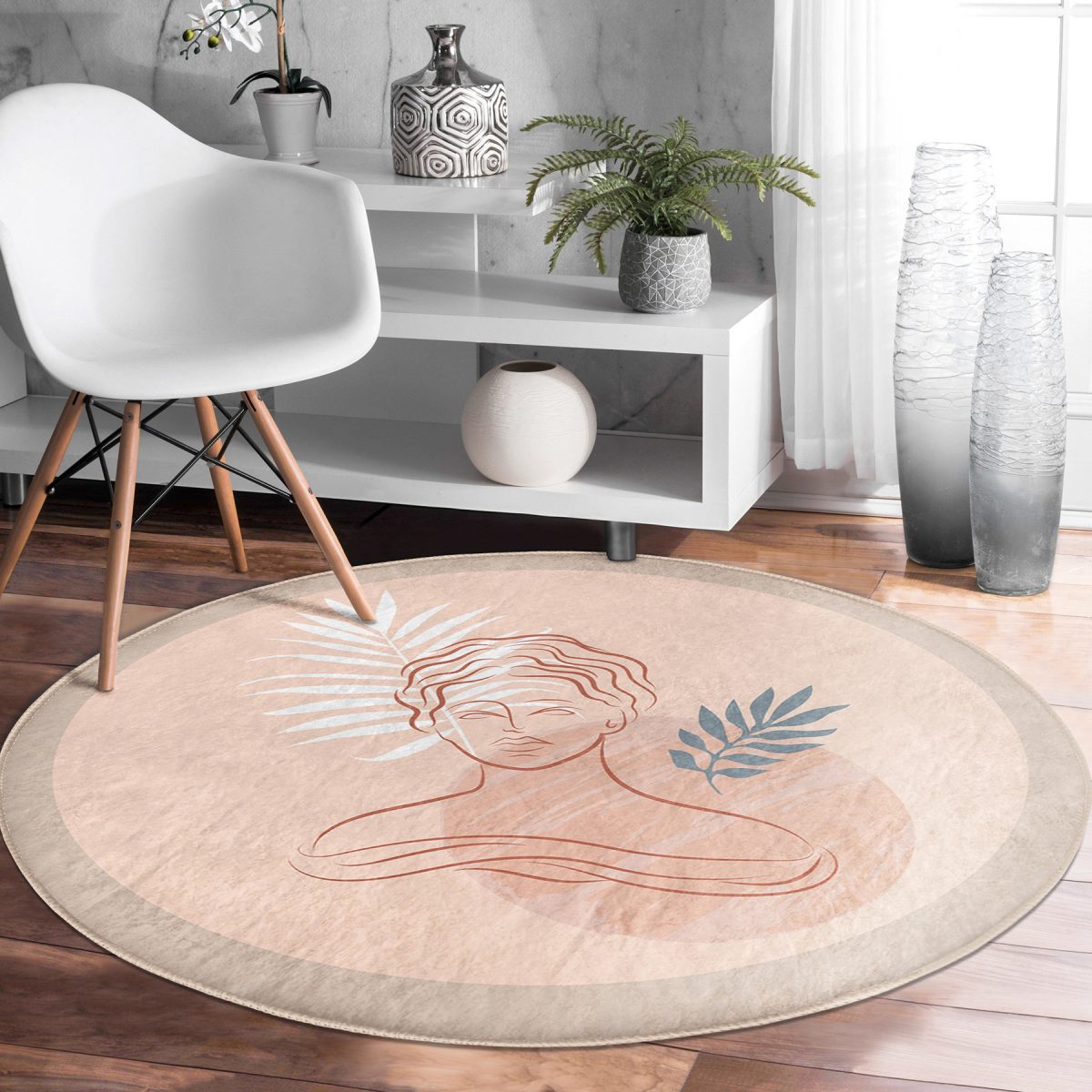 Pastel Zeminde Antik Desenli Dijital Baskılı Modern Renkli Salon ve Oturma Odası Yıkanabilir Kaymaz Tabanlı Yuvarlak Halı Realhomes