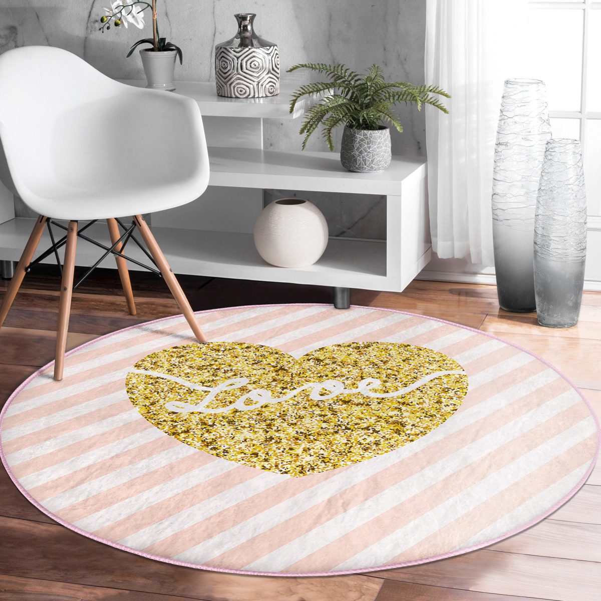 Beyaz Zeminde Gold Renkli Love Yazılı Dijital Baskılı Modern Pembe Mutfak Yıkanabilir Kaymaz Tabanlı Yuvarlak Halı Realhomes