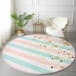 Beyaz Zeminde Renkli Yatay Çizgili Gold Detaylı Dijital Baskılı Modern Pembe Yatak Odası Yıkanabilir Kaymaz Tabanlı Yuvarlak Halı Realhomes