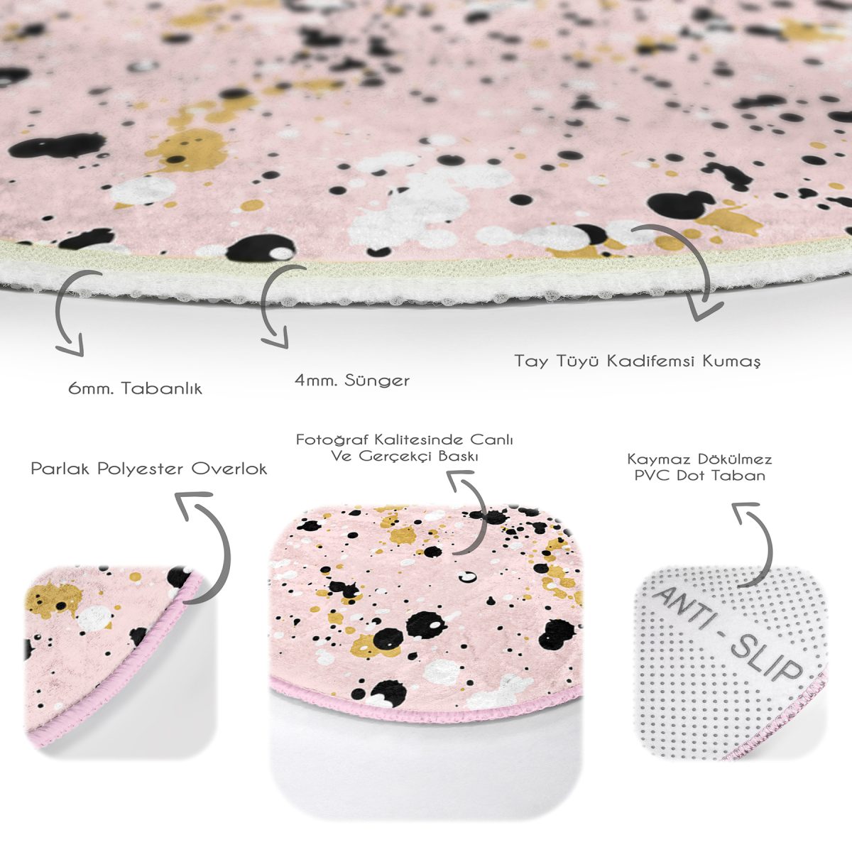 Renkli Zeminde Gold Detaylı Siyah Puantiyeli Dijital Baskılı Modern Pembe Mutfak Yıkanabilir Kaymaz Tabanlı Yuvarlak Halı Realhomes