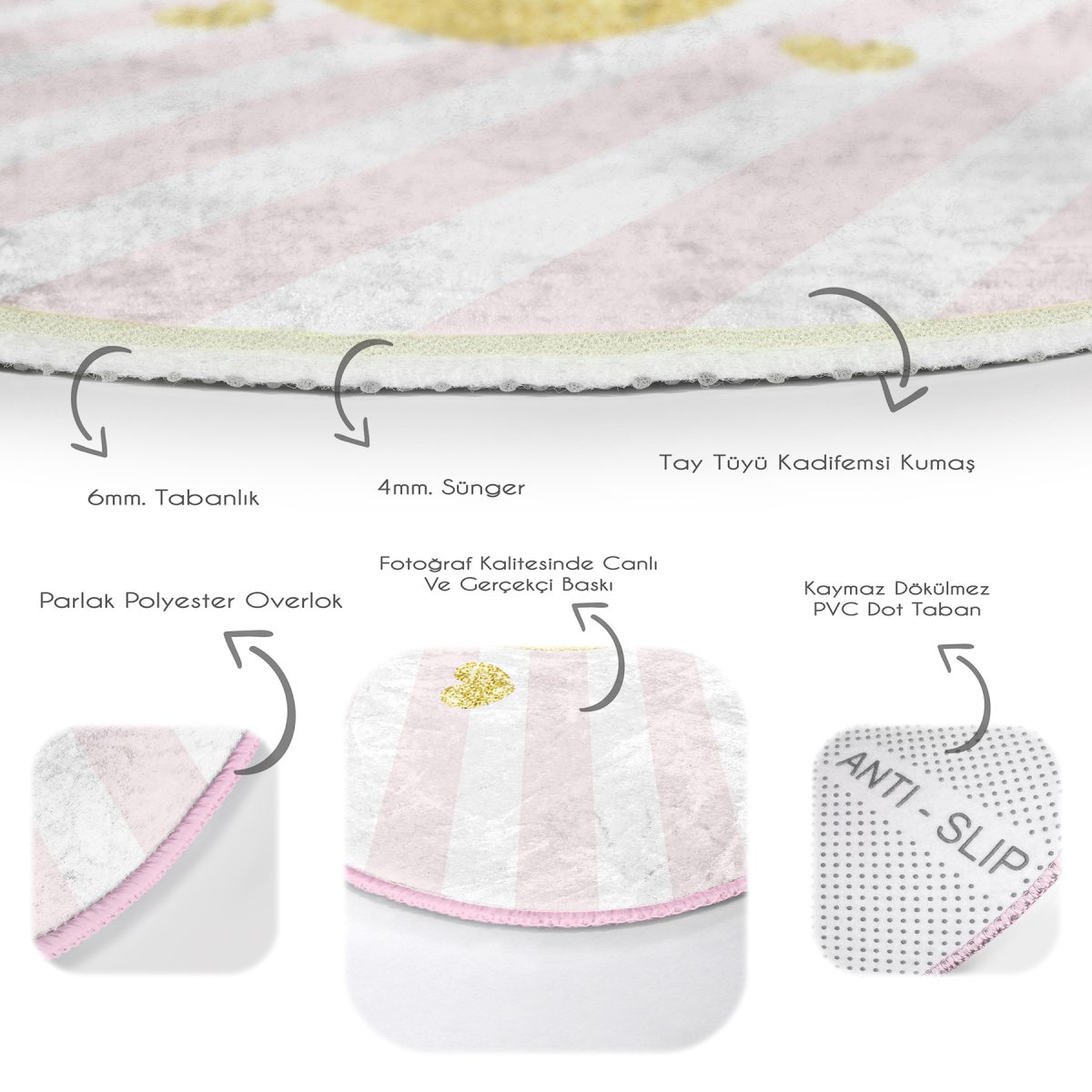 Beyaz Zeminde Pembe Yatay Çizgili Gold Detaylı Kalp Desenli Dijital Baskılı Modern Yatak Odası Kaymaz Tabanlı Yuvarlak Halı Realhomes