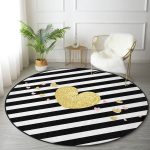 - RealHomes Dijital Baskılı Kaymaz Tabanlı Comfort Yuvarlak Halı - Realhomes  Beyaz Zeminde Siyah Yatay Çizgili Gold Detaylı Kalp Desenli Dijital Baskılı Modern Mutfak Kaymaz Tabanlı Yuvarlak Halı Realhomes