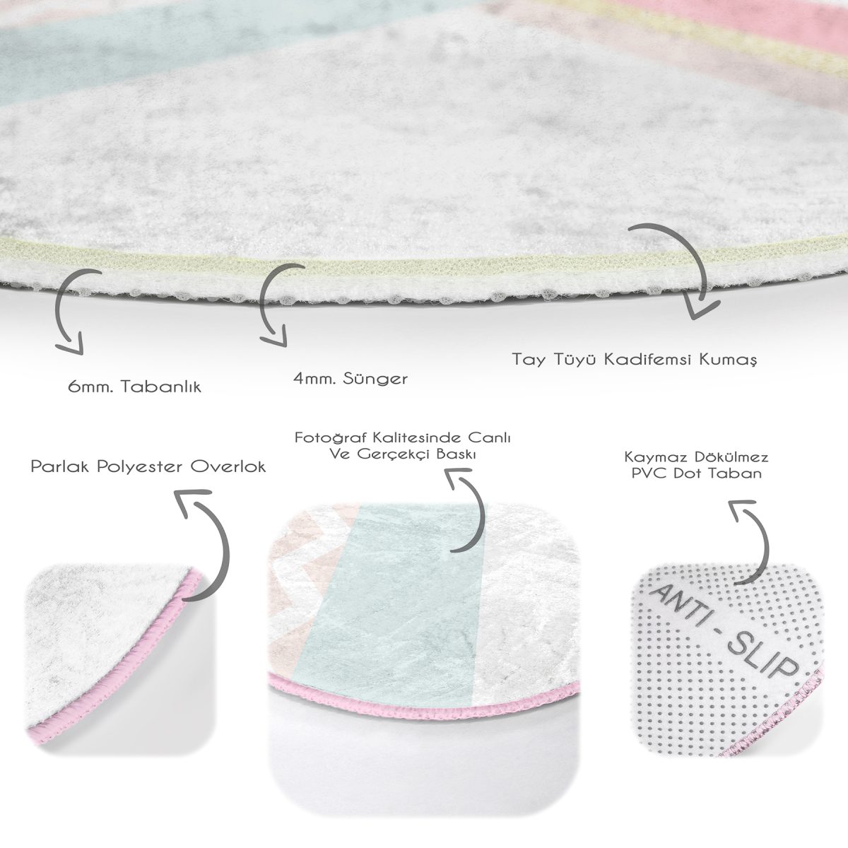 Renkli Zeminde Geometrik Desenli Dijital Baskılı Modern Pembe Banyo Yıkanabilir Kaymaz Tabanlı Yuvarlak Halı Realhomes