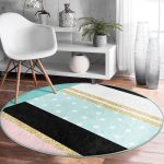 - RealHomes Dijital Baskılı Kaymaz Tabanlı Comfort Yuvarlak Halı - Realhomes  Renkli Zeminde Gold Detaylı Geometrik Çizimli Dijital Baskılı Modern Turkuaz Banyo Yıkanabilir Kaymaz Tabanlı Yuvarlak Halı Realhomes