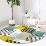 - RealHomes Dijital Baskılı Kaymaz Tabanlı Comfort Yuvarlak Halı - Realhomes Beyaz Zeminde Renkli Çizgili Geometrik Desenli Dijital Baskılı Modern Salon ve Oturma Odası Kaymaz Tabanlı Yuvarlak Halı Realhomes