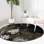 - RealHomes Dijital Baskılı Kaymaz Tabanlı Comfort Yuvarlak Halı - Realhomes  Siyah Zeminde Gold Detaylı Yaprak Desenli Dijital Baskılı Modern Salon ve Oturma Odası Kaymaz Tabanlı Yuvarlak Halı Realhomes