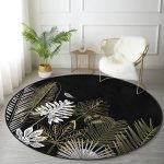 - RealHomes Dijital Baskılı Kaymaz Tabanlı Comfort Yuvarlak Halı - Realhomes  Siyah Zeminde Gold Detaylı Yaprak Desenli Dijital Baskılı Modern Salon ve Oturma Odası Kaymaz Tabanlı Yuvarlak Halı Realhomes